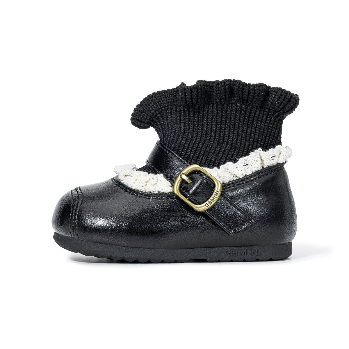 Black EBMINI HEIRLOOM toddler boot, side view with lace trim