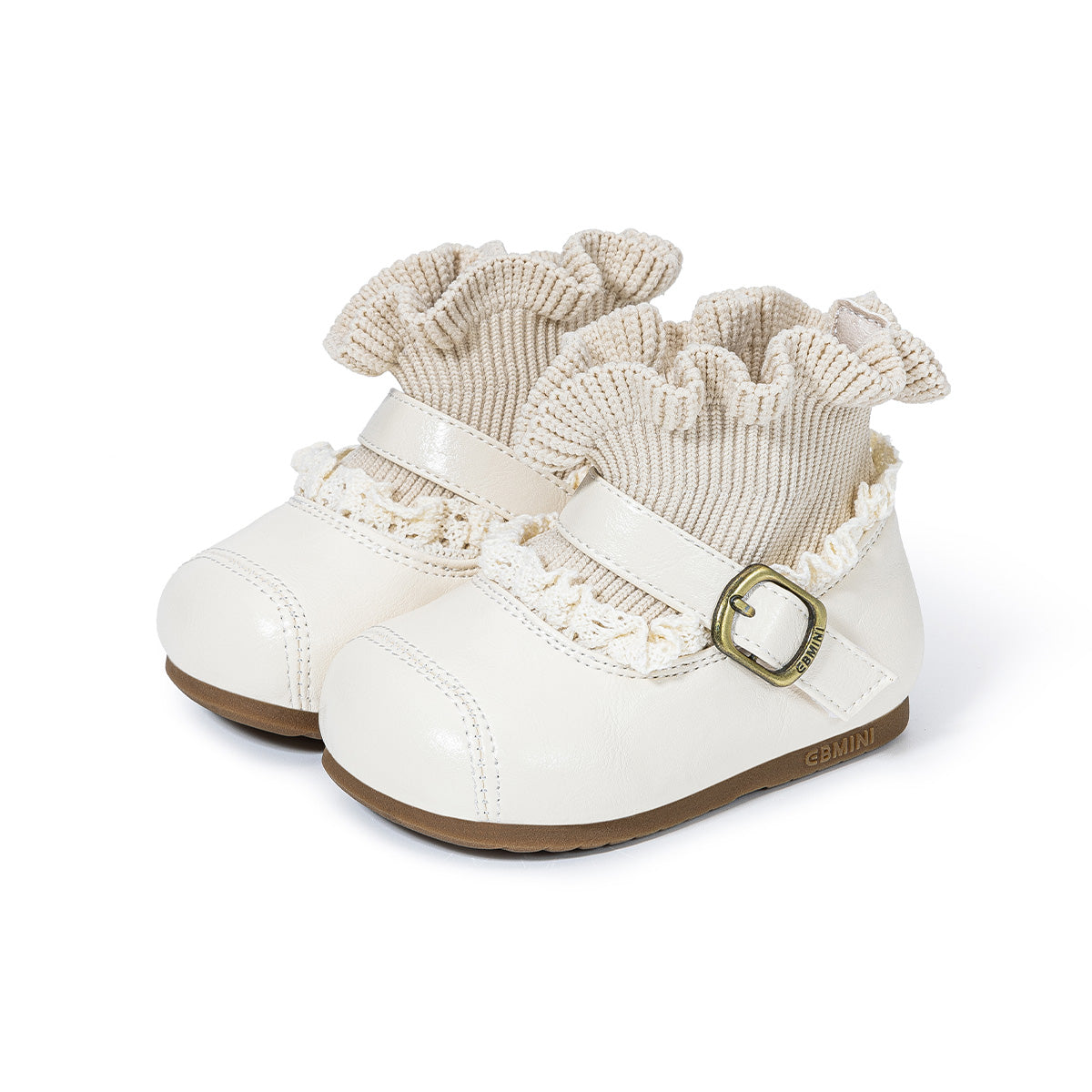 Cream EBMINI HEIRLOOM toddler boots, front three-quarter pair view