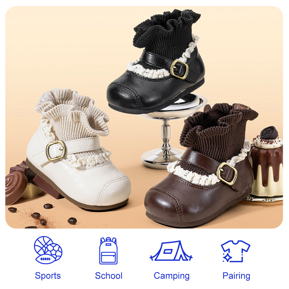 EBMINI HEIRLOOM toddler boots in black, cream, and brown
