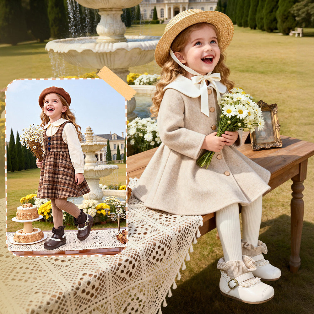Child wearing brown EBMINI HEIRLOOM toddler boots with a fall outfit