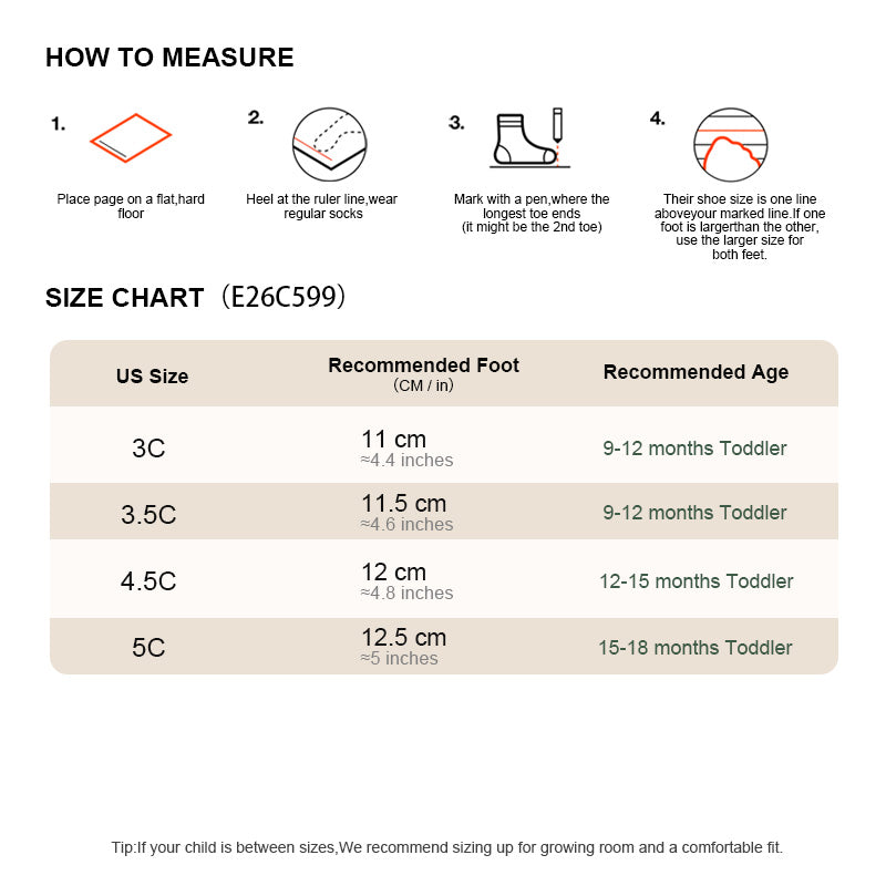 EBMINI HOMESTEAD baby shoe size guide for ages 9 to 18 months