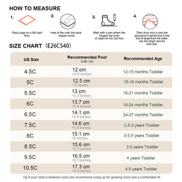 EBMINI HOPPY toddler shoe size guide and measuring instructions