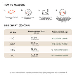 EBMINI LETTERLOOP baby shoe size guide for ages 9 to 18 months