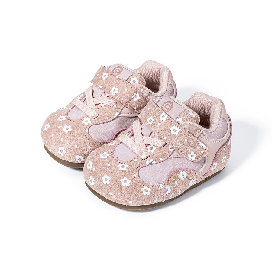 Pair of pink EBMINI MEADOW floral barefoot first walker sneakers