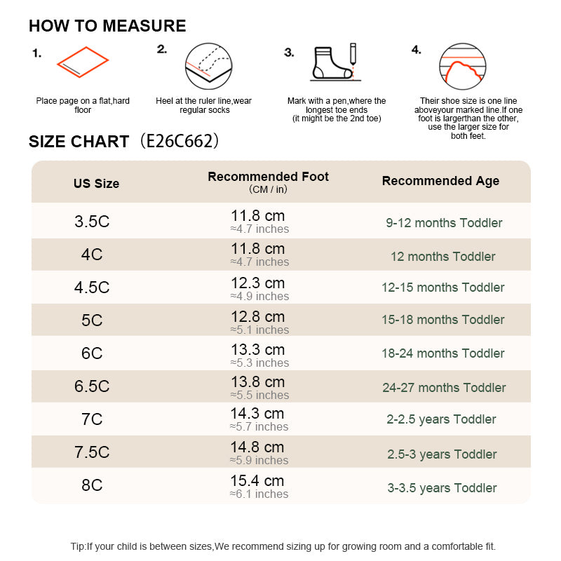 EBMINI MEADOW first walker size guide and foot measurement chart