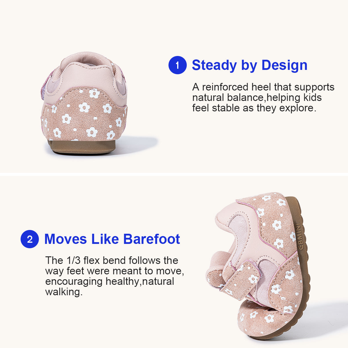 EBMINI MEADOW padded heel support and flexible first walker sole