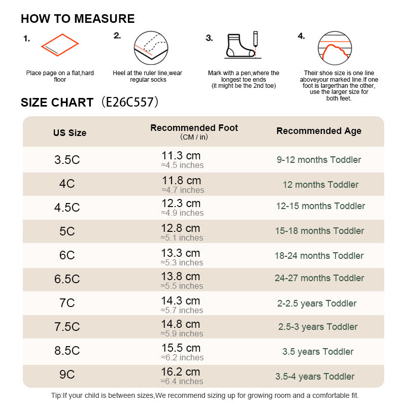 EBMINI ORBIT toddler sneaker size guide and foot measurement chart