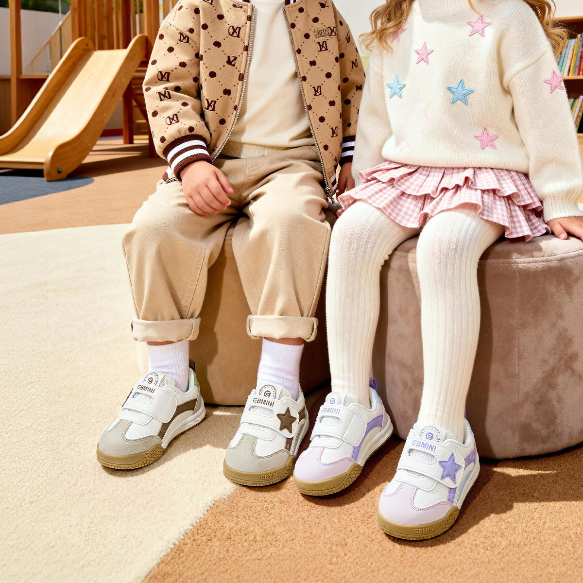 EBMINI ORBIT child wearing the sneakers during active playground play