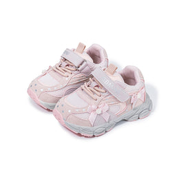 Pair of pink EBMINI PEARL barefoot toddler girl sneakers with pearl bows
