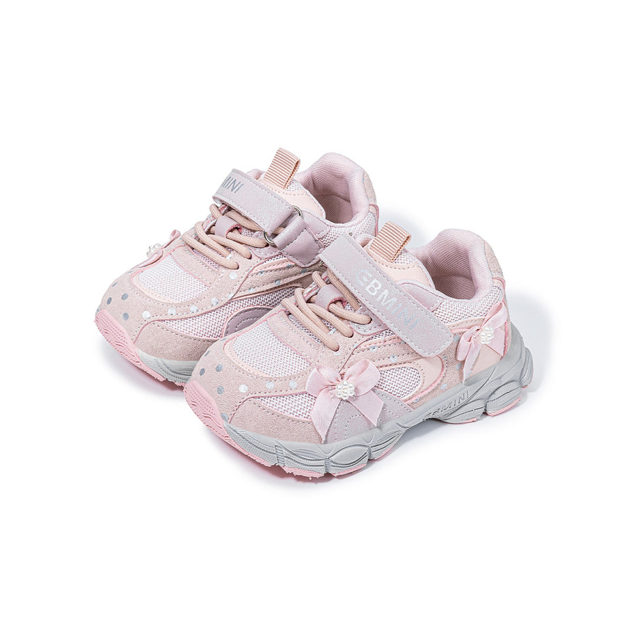 Pair of pink EBMINI PEARL barefoot toddler girl sneakers with pearl bows