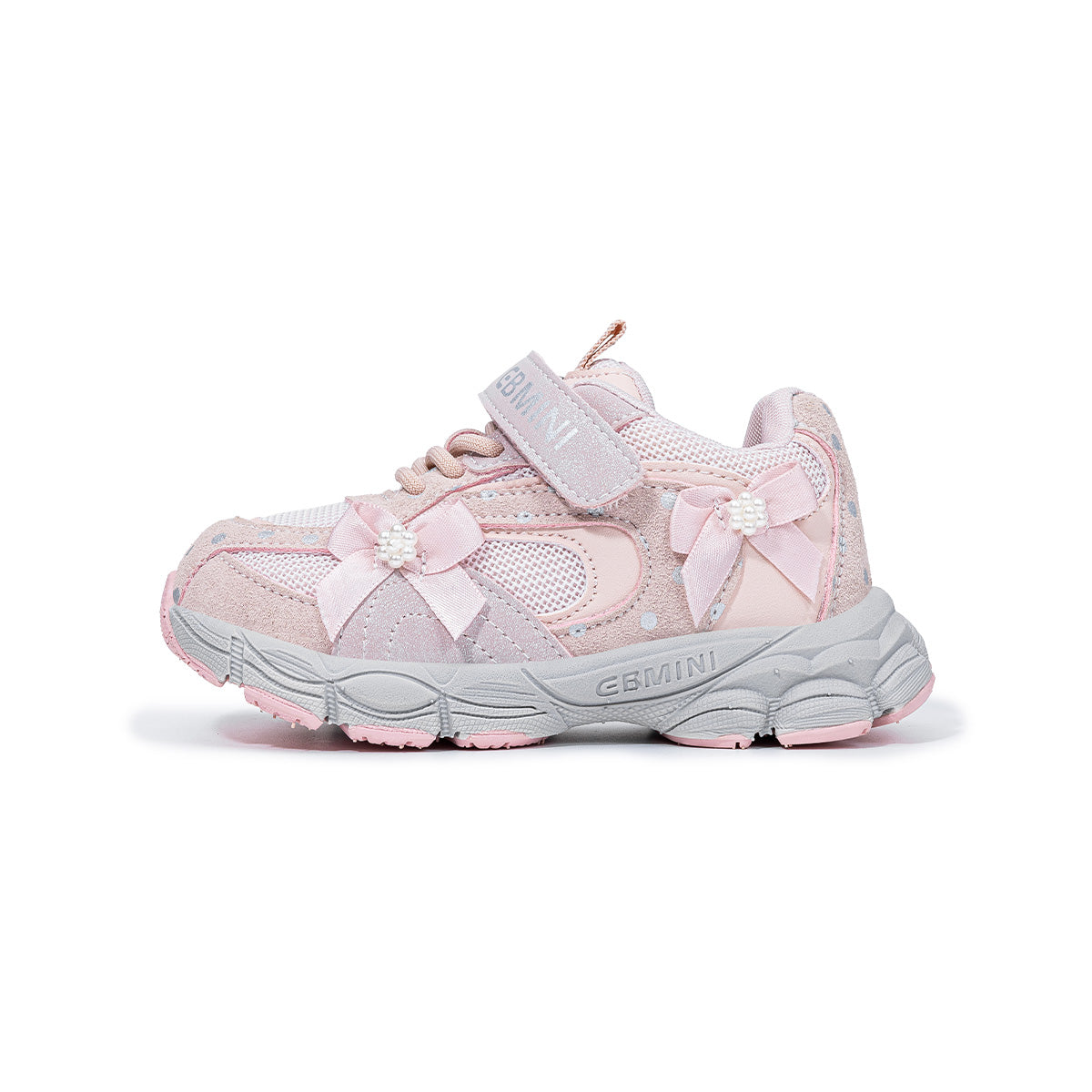 Side view of pink EBMINI PEARL breathable bow sneaker