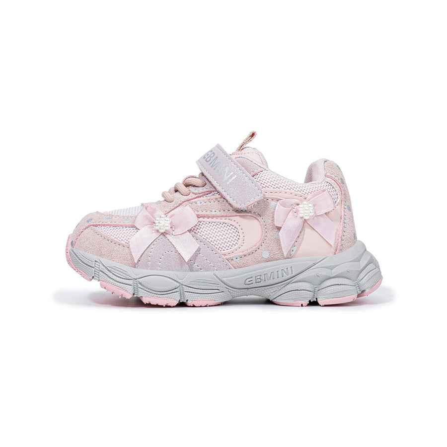 Side view of pink EBMINI PEARL breathable bow sneaker