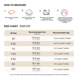 EBMINI PEARL toddler girl sneaker size guide and foot measurement chart