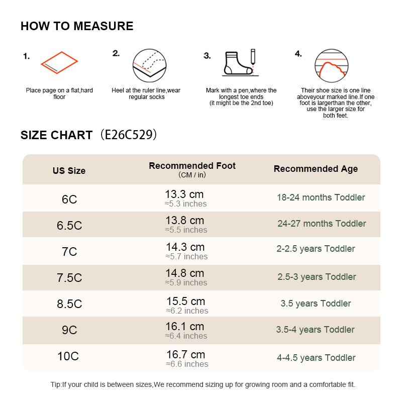 EBMINI PEARL toddler girl sneaker size guide and foot measurement chart