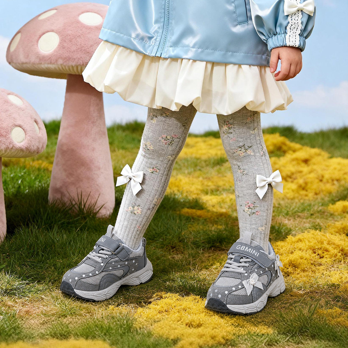 Girl wearing gray EBMINI PEARL glitter bow sneakers outdoors