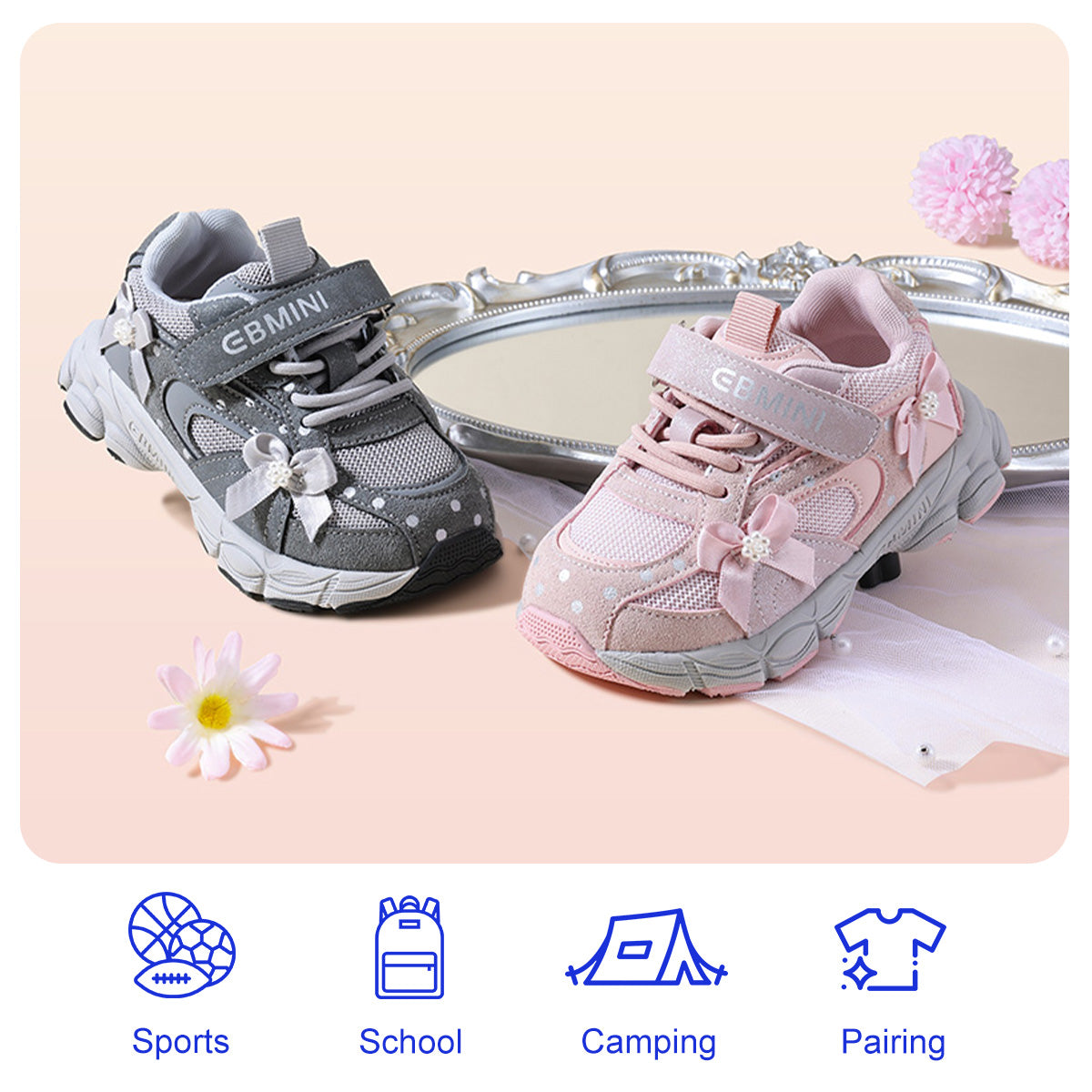 EBMINI PEARL pink and gray pearl bow sneaker color options