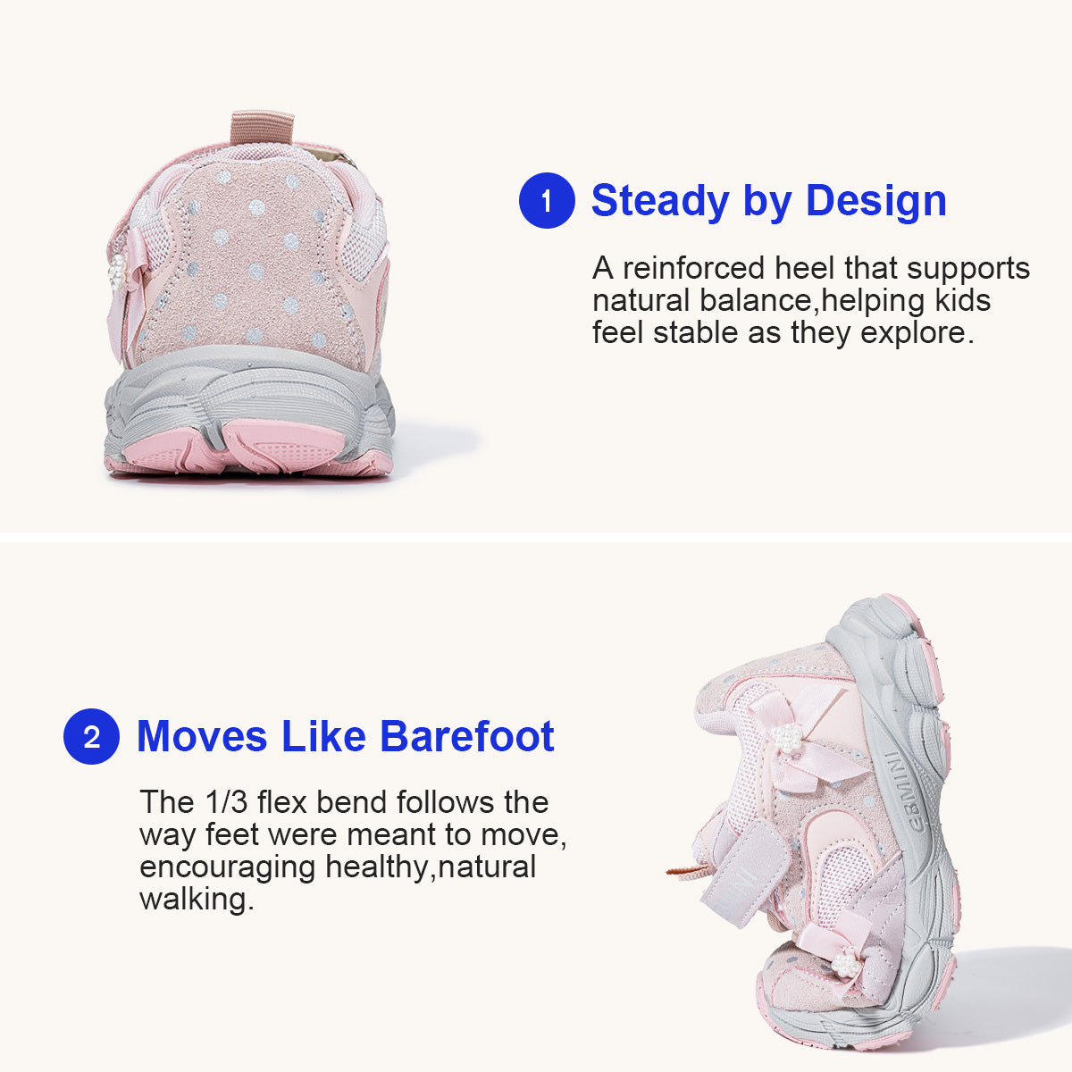 EBMINI PEARL padded heel support and flexible segmented sole demonstration