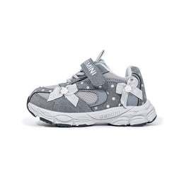 Side view of gray EBMINI PEARL breathable glitter bow sneaker