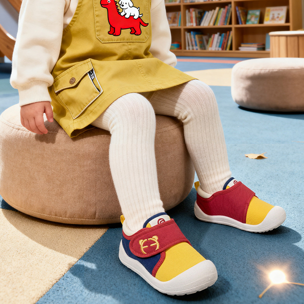 Child wearing yellow EBMINI PICO easy-on first walker shoes