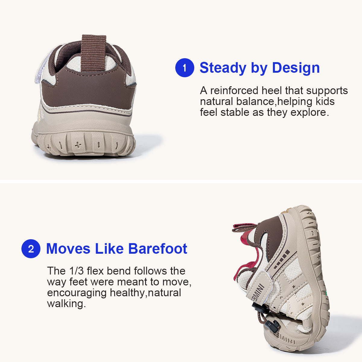 EBMINI QUEST padded heel support and flexible sole demonstration