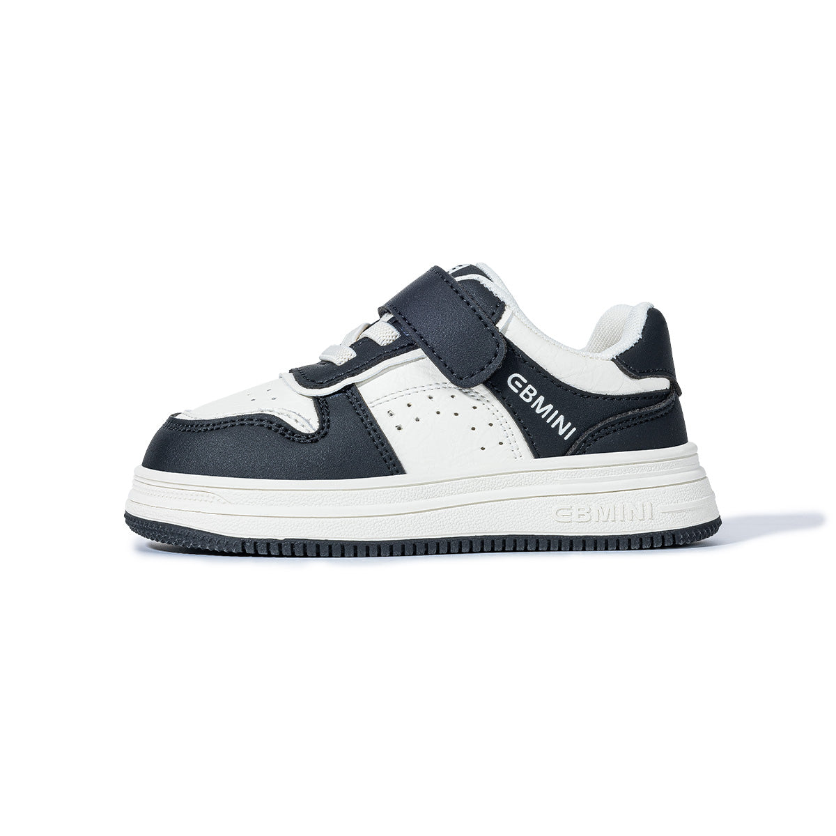 Side view of black EBMINI RACER court-style kids sneaker