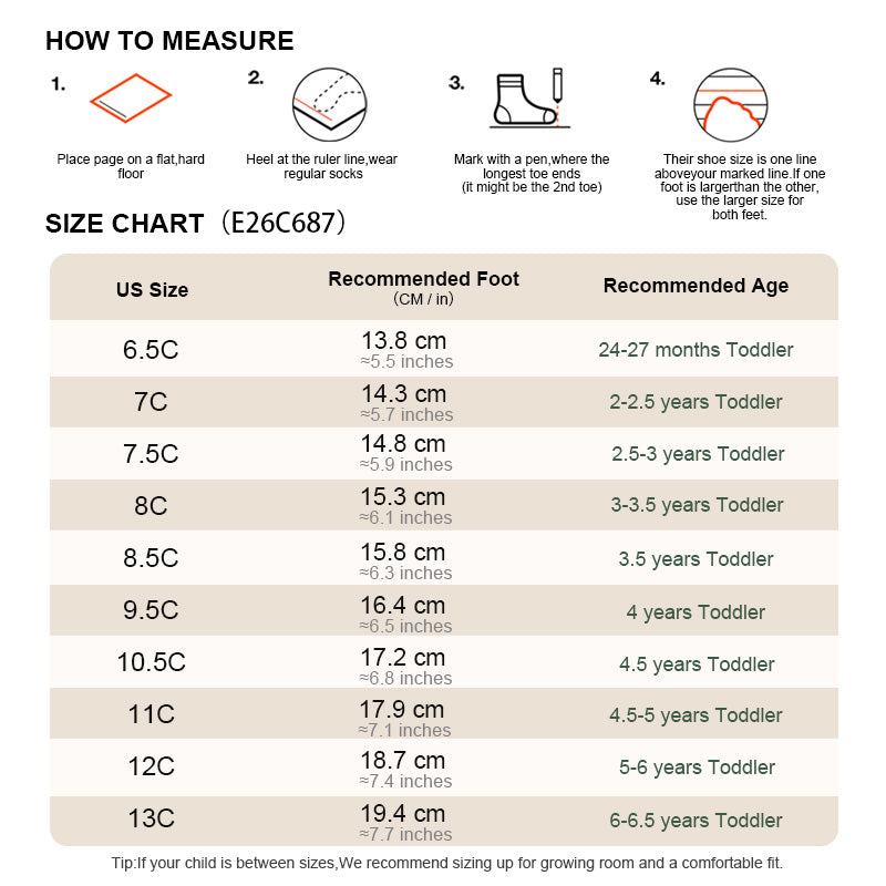 EBMINI RACER kids sneaker size guide and foot measurement chart
