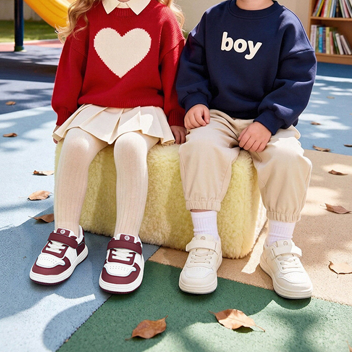 Children wearing EBMINI RACER red and white sneakers for school