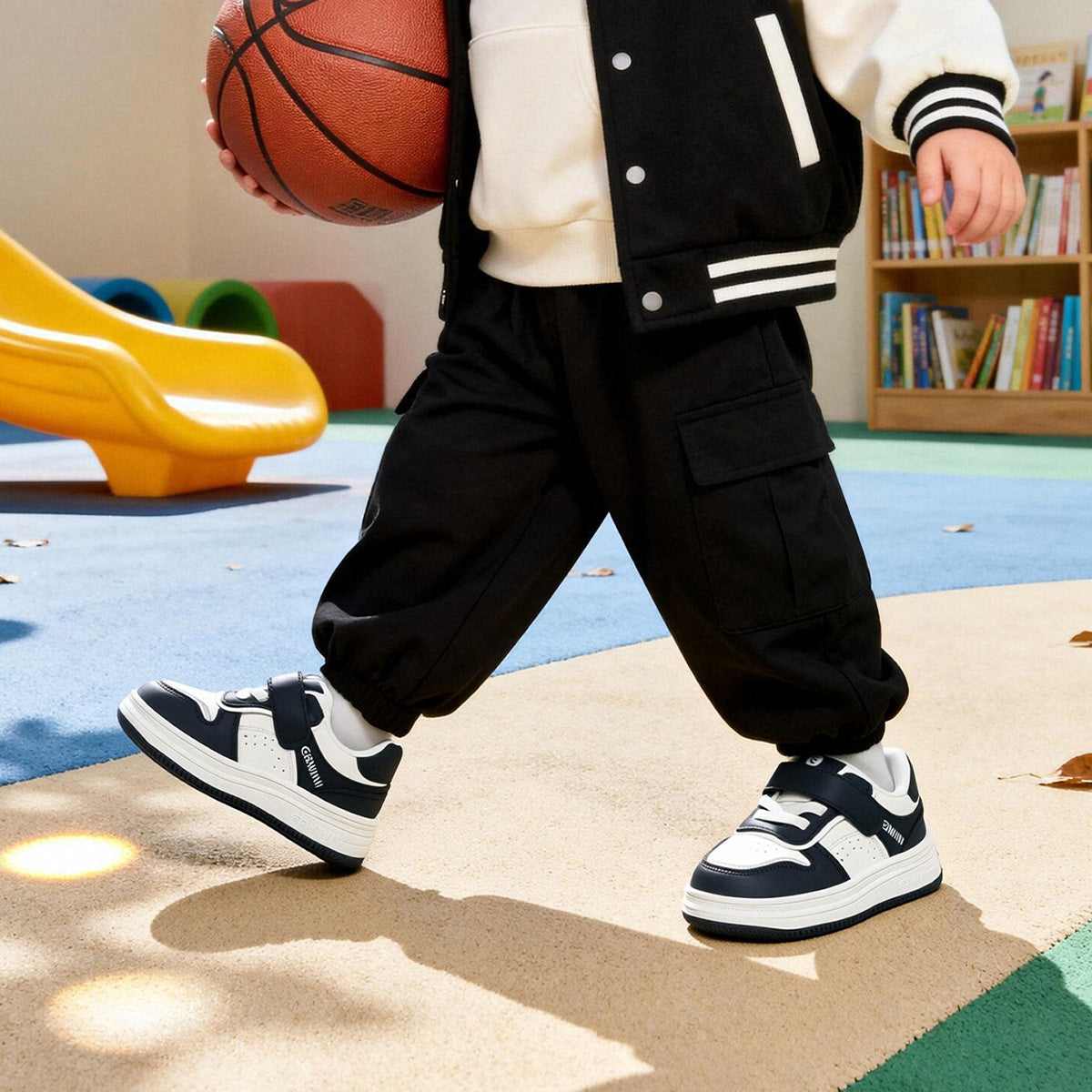 Child walking in black EBMINI RACER wide-toe sneakers at the playground