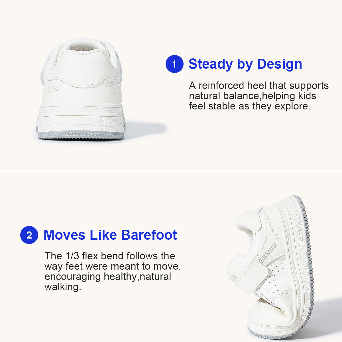 EBMINI RACER padded heel support and flexible low-profile sole demonstration