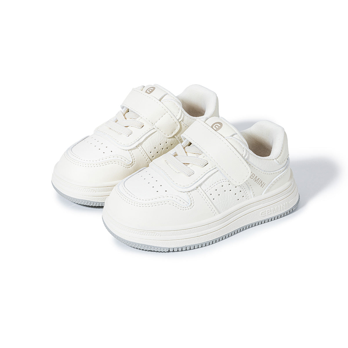 Pair of all-white EBMINI RACER barefoot kids sneakers