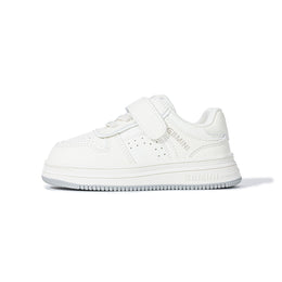 Side view of white EBMINI RACER wide-toe court sneaker