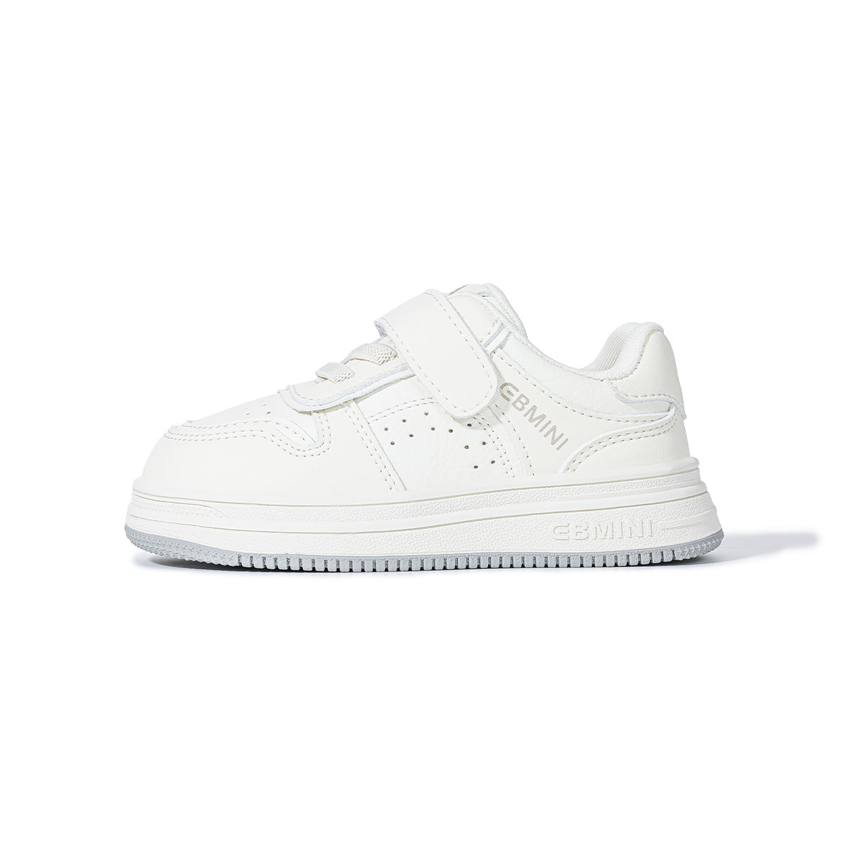 Side view of white EBMINI RACER wide-toe court sneaker