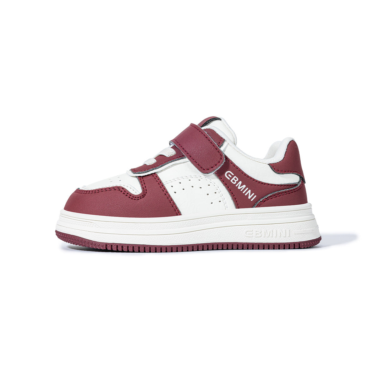 Side view of red EBMINI RACER court-style kids sneaker