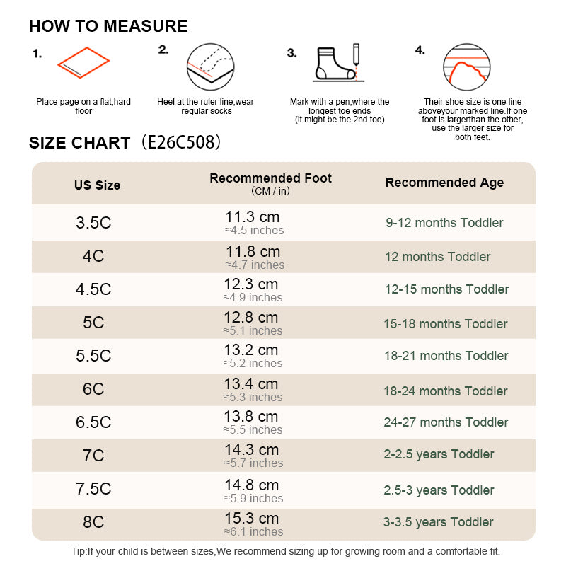 EBMINI RIBBON toddler sneaker size guide and foot measurement chart