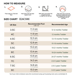 EBMINI RIBBON toddler sneaker size guide and foot measurement chart