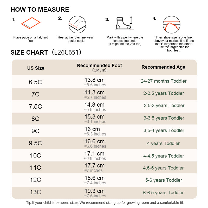 EBMINI RIDGE kids hiking sneaker size guide and foot measurement chart
