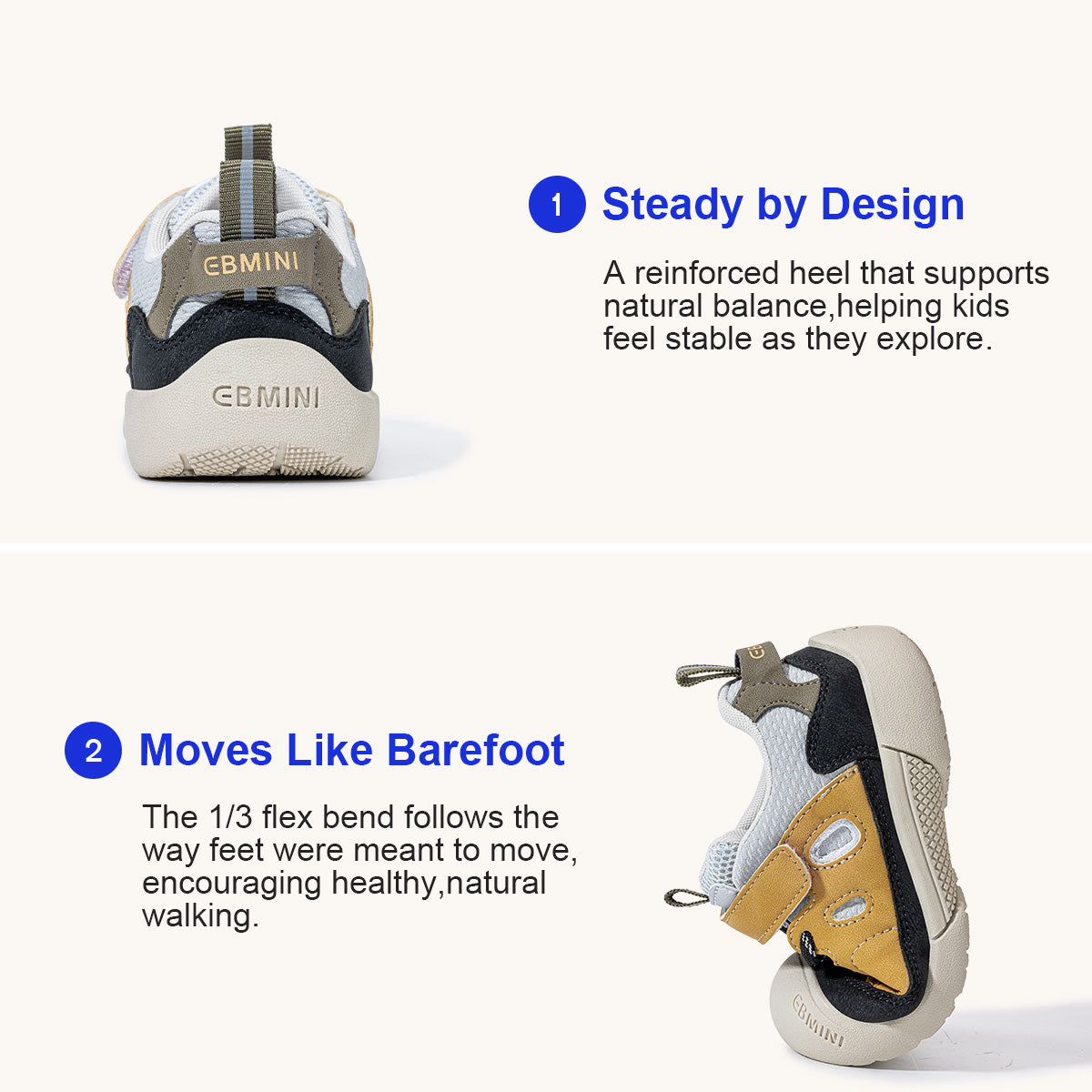EBMINI RIDGE reinforced heel support and flexible barefoot sole demonstration
