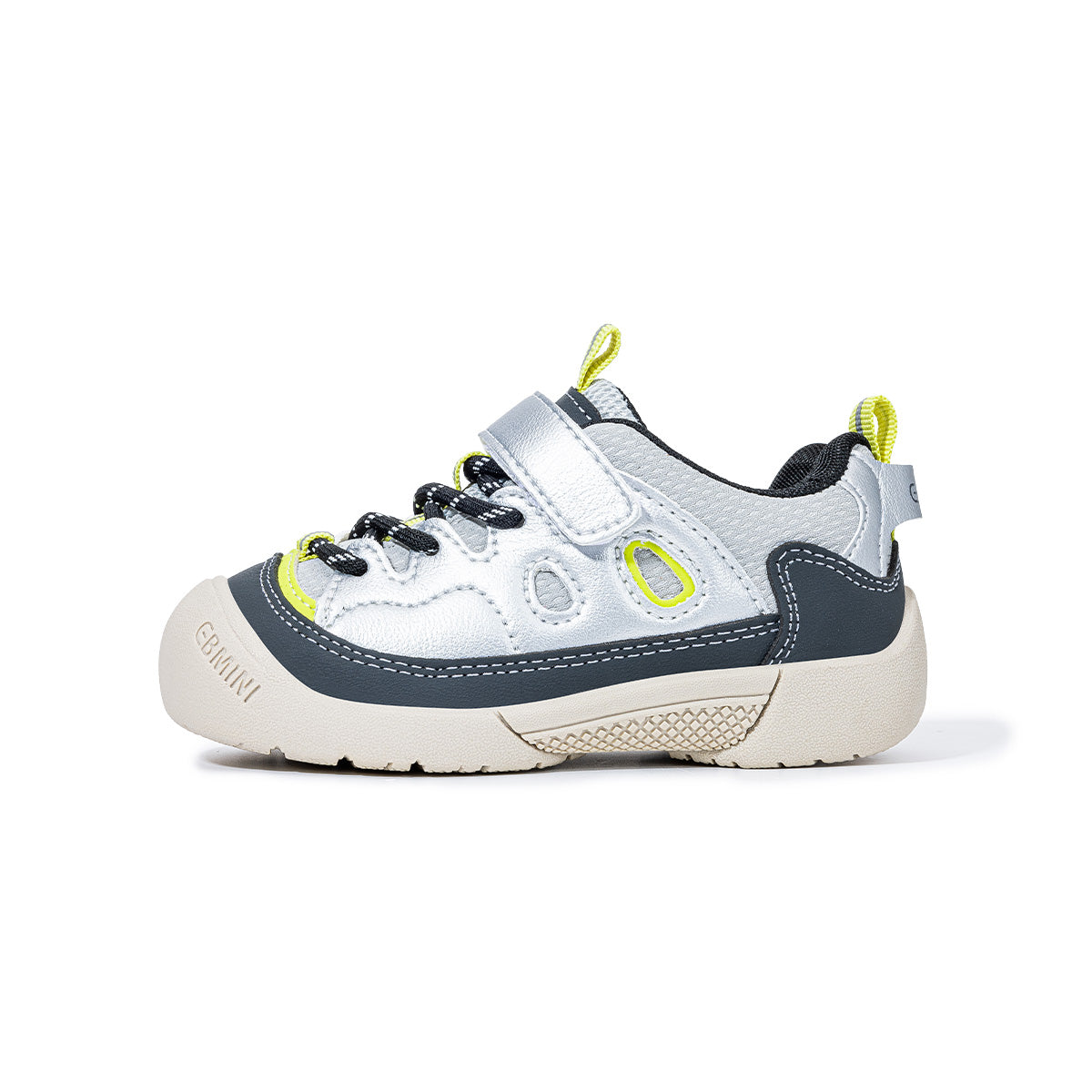 Side view of silver EBMINI RIDGE wide-toe hiking sneaker