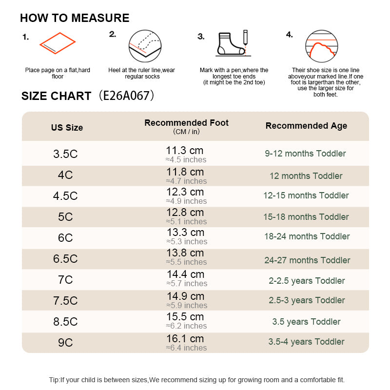 EBMINI ROAM toddler sneaker size guide for sizes 3.5C–9C