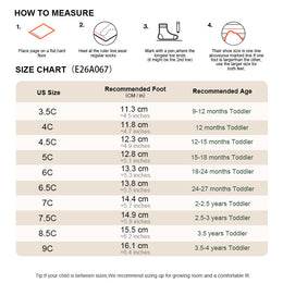 EBMINI ROAM toddler sneaker size guide for sizes 3.5C–9C