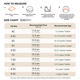 EBMINI ROARY toddler shoe size guide and measuring instructions