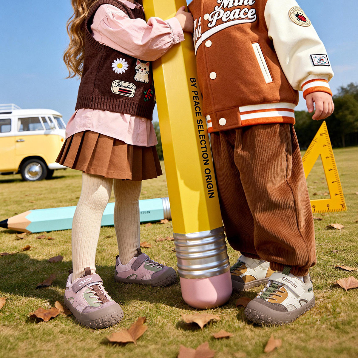 Children wearing pink and brown EBMINI ROVER toddler sneakers outdoors