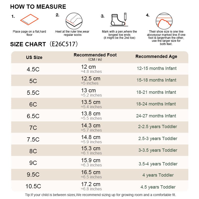 EBMINI ROVER toddler sneaker size chart and foot measuring guide