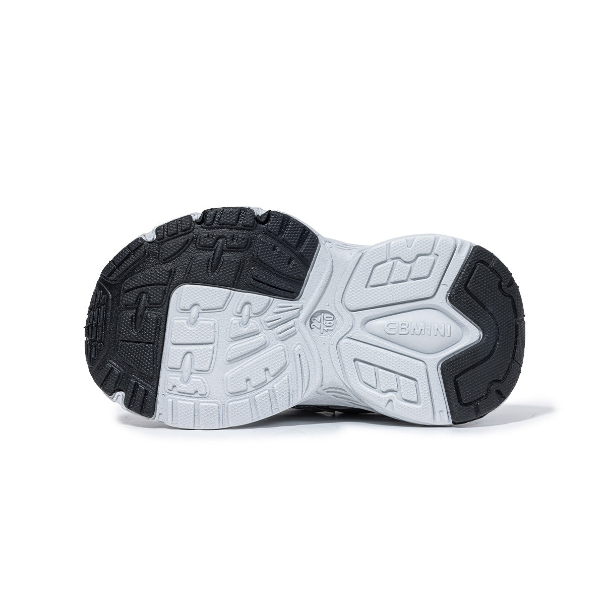 EBMINI RUSH toddler sneaker outsole with black textured tread zones, bottom view