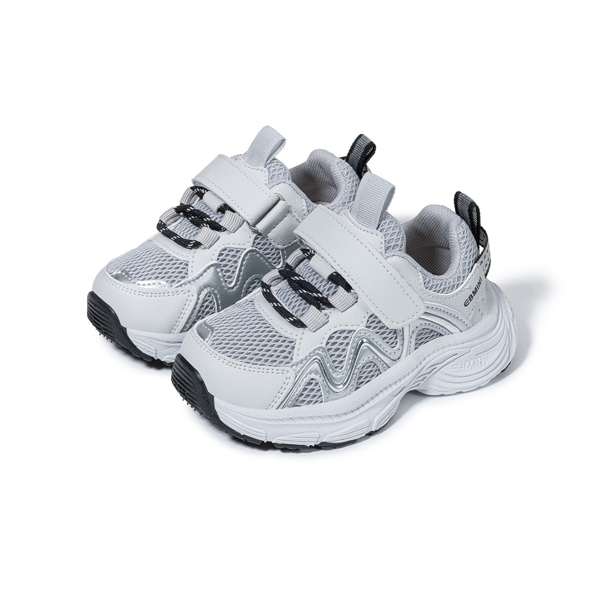 EBMINI RUSH gray mesh toddler sneakers with hook-and-loop straps, three-quarter view