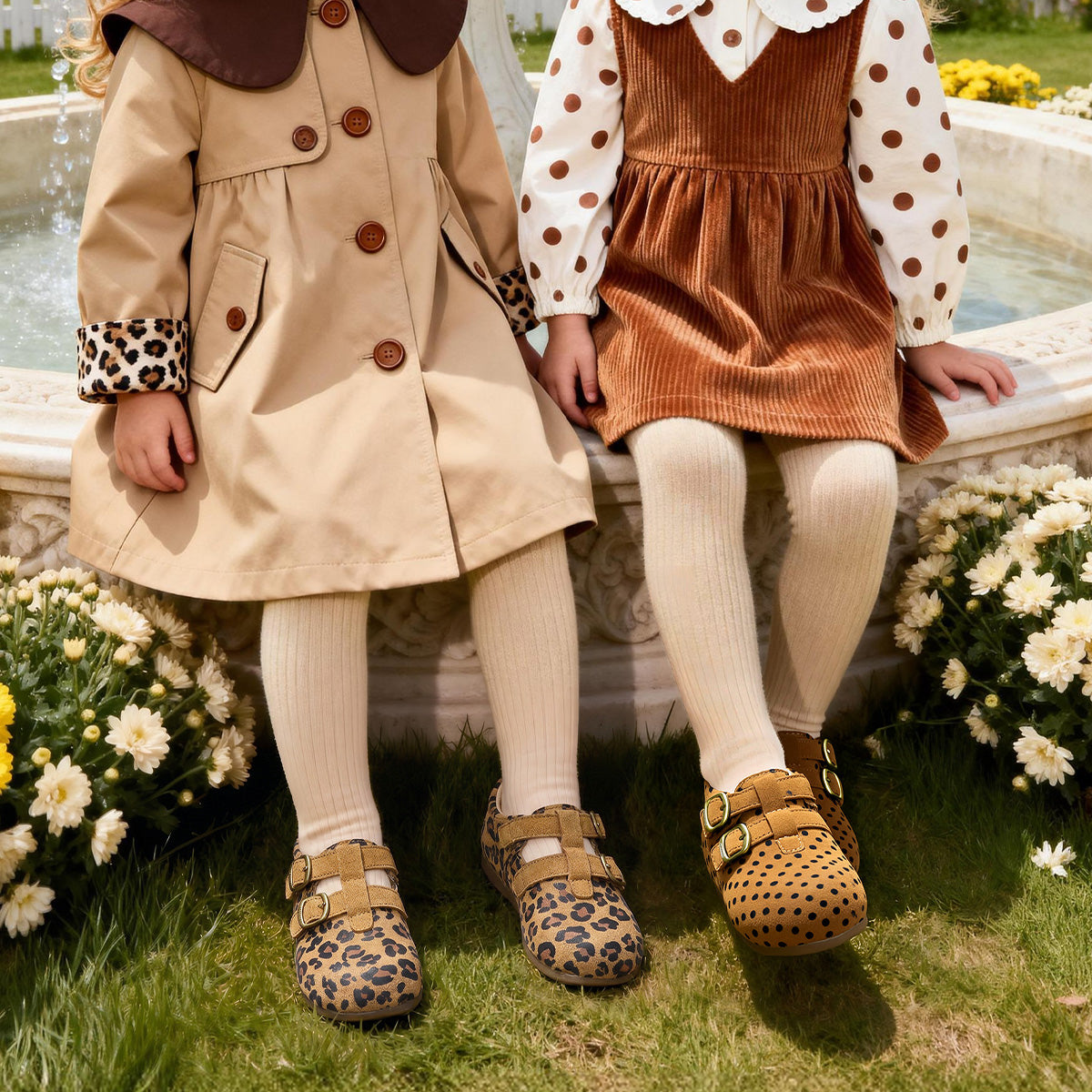 Girl wearing EBMINI SAVANNA leopard Mary Janes with a dress
