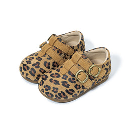 Pair of brown EBMINI SAVANNA leopard toddler Mary Janes