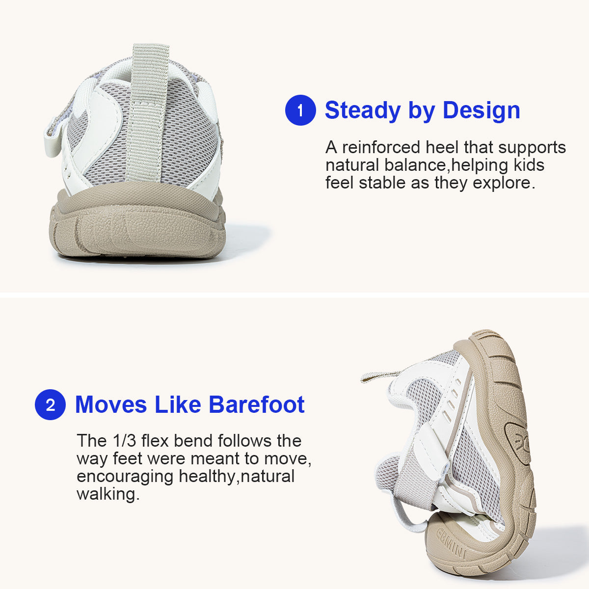 EBMINI SHIELD padded heel collar and flexible rugged sole detail
