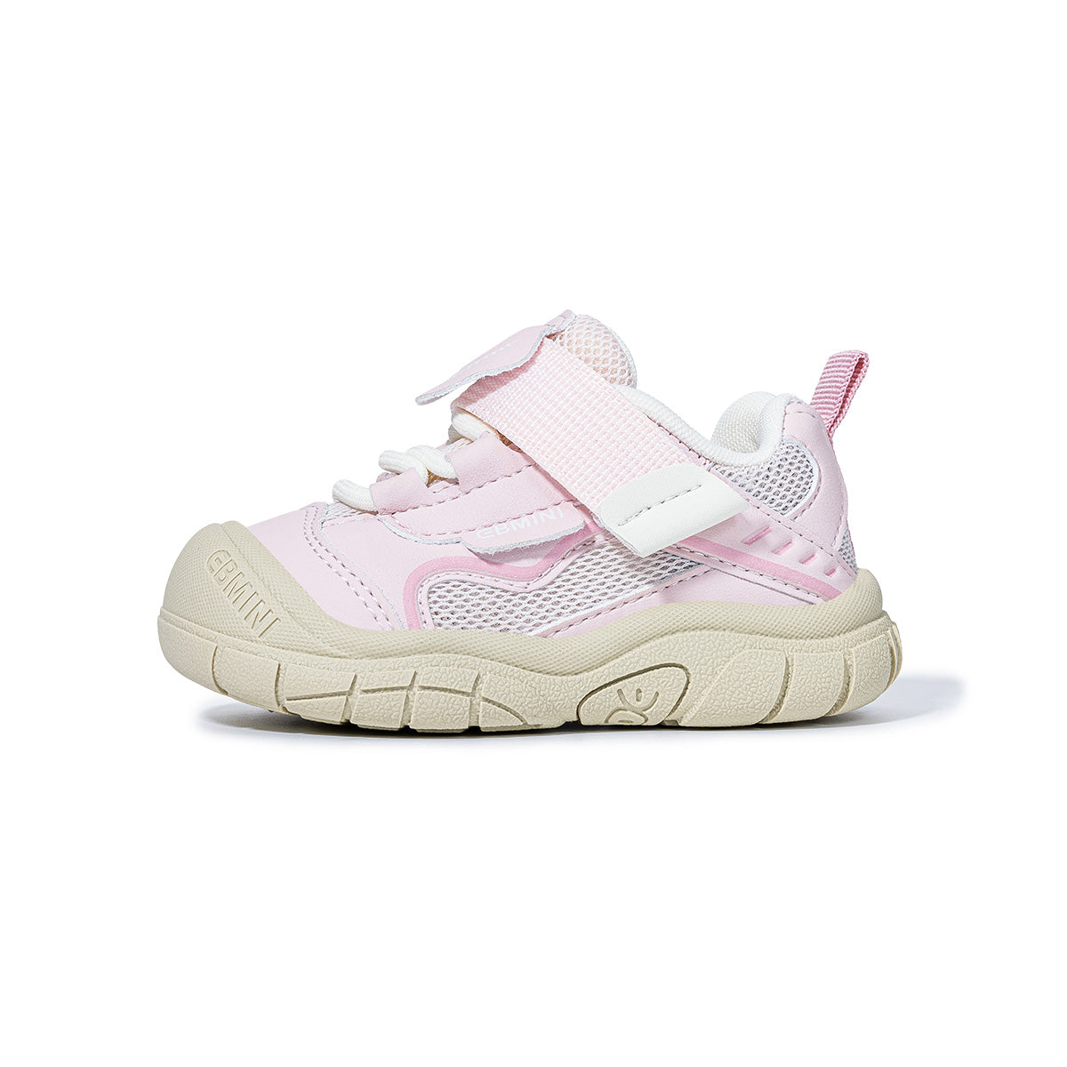 Side view of pink EBMINI SHIELD sneaker with protective rubber toe