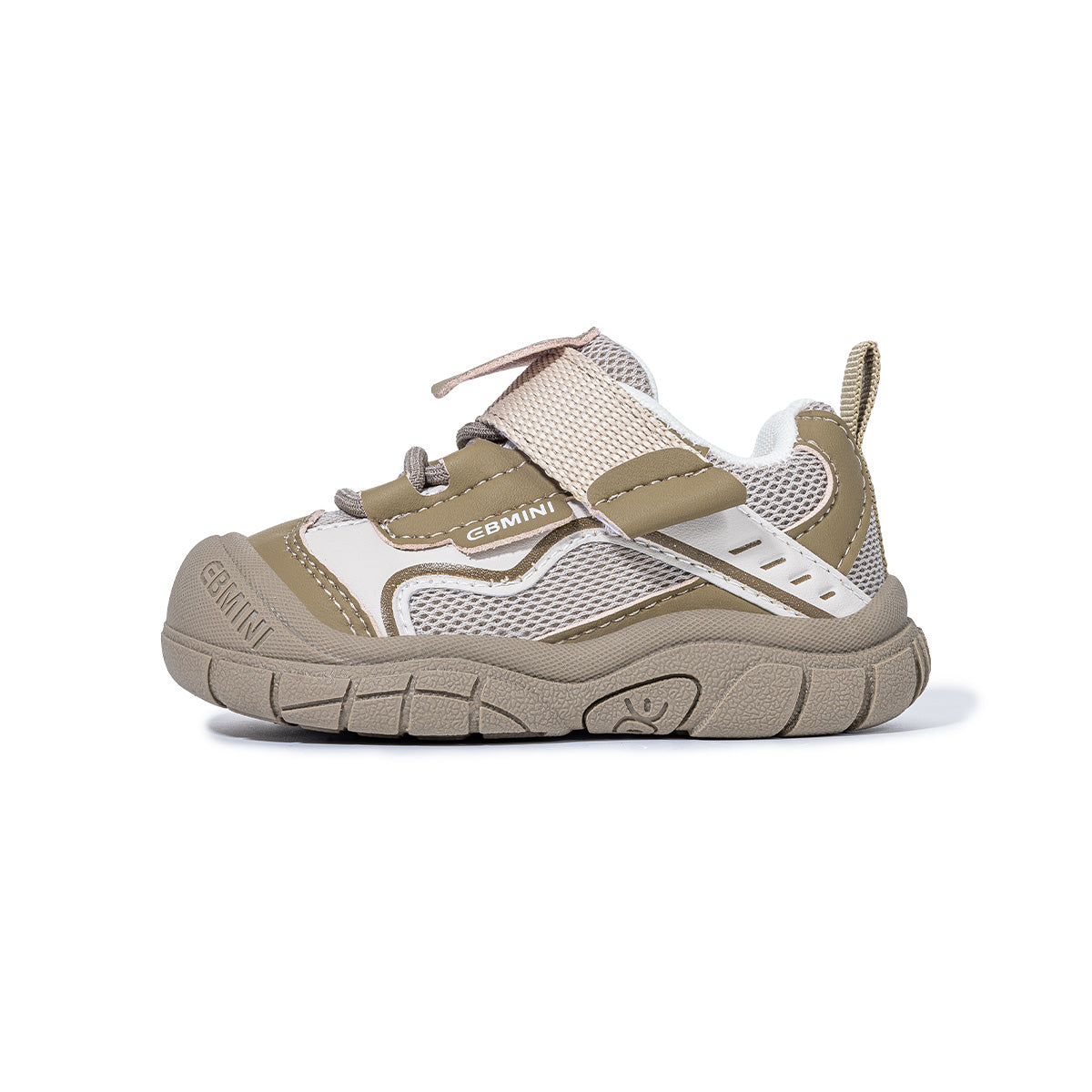 Side view of brown EBMINI SHIELD wide-toe sneaker with rugged sole